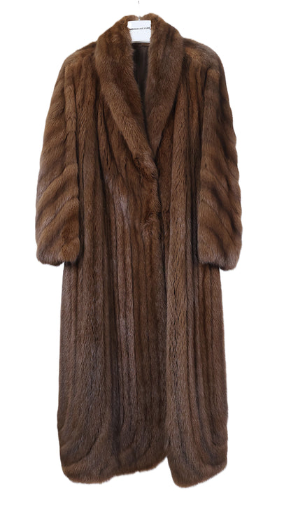 PRE-OWNED BROWN DYED SABLE DIRECTION COAT W/ SHAWL COLLAR & DIAGONAL STRAIGHT SLEEVES