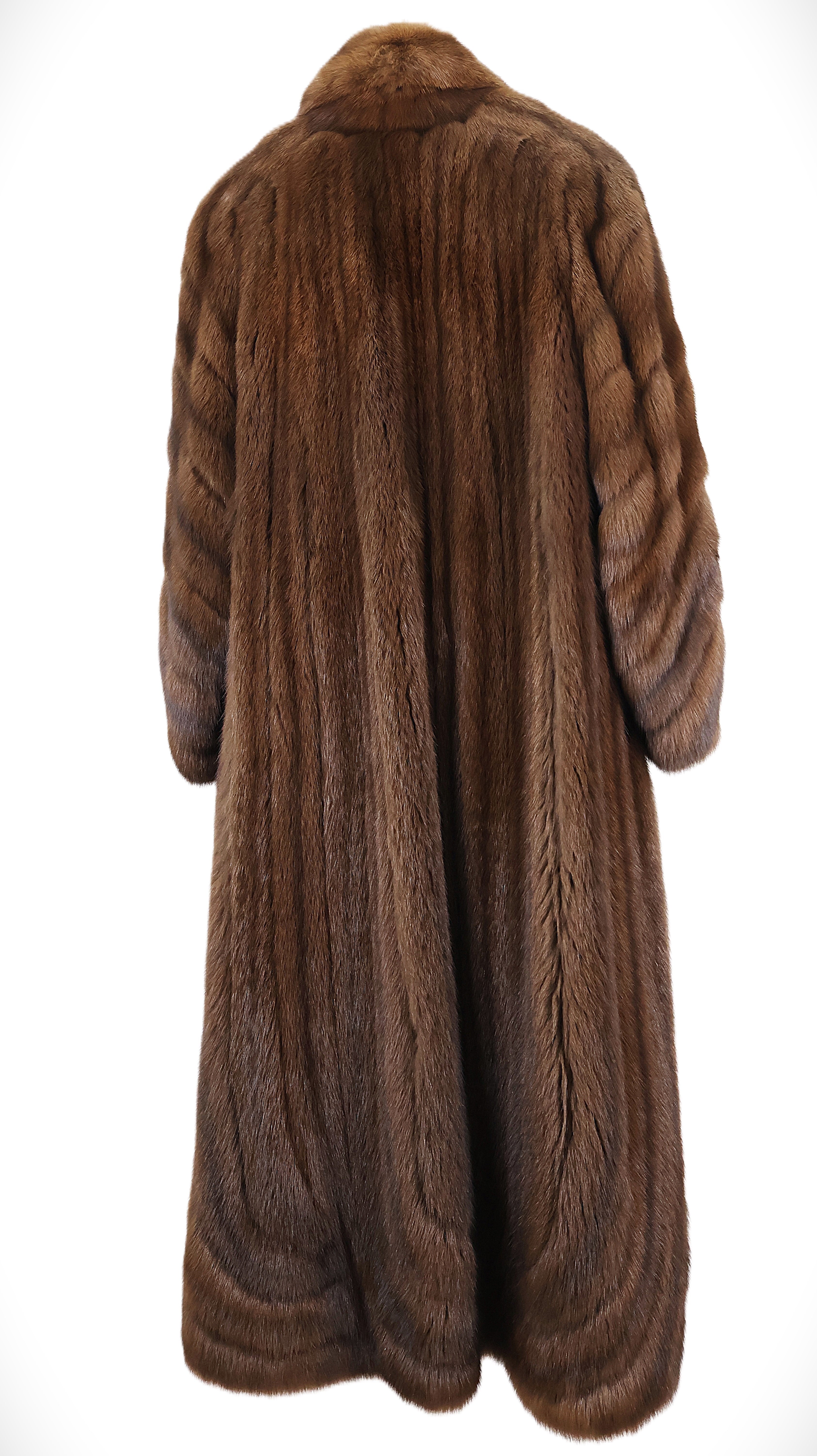 PRE-OWNED BROWN DYED SABLE DIRECTION COAT W/ SHAWL COLLAR & DIAGONAL STRAIGHT SLEEVES
