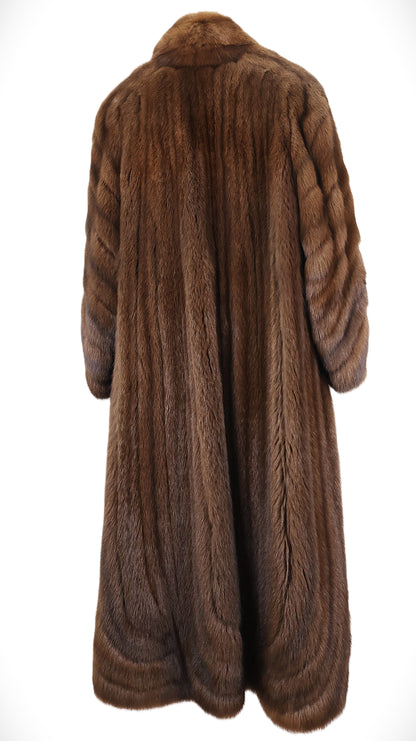 PRE-OWNED BROWN DYED SABLE DIRECTION COAT W/ SHAWL COLLAR & DIAGONAL STRAIGHT SLEEVES