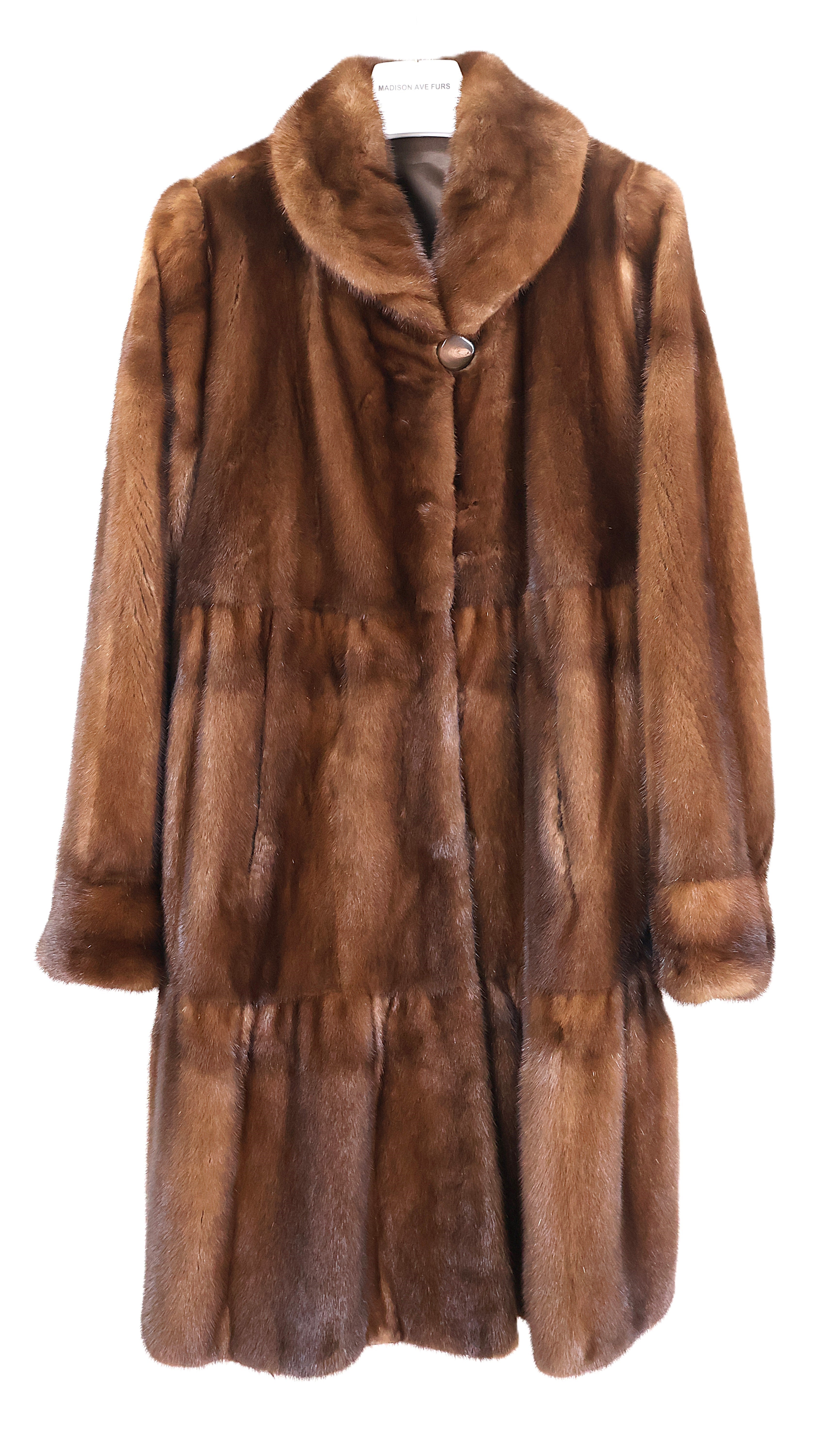PRE-OWNED DEMI BUFF MINK TIERED SWING 7/8 COAT W/ WING COLLAR & BELL SLEEVE
