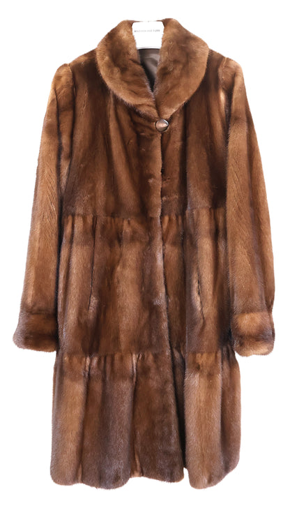 PRE-OWNED DEMI BUFF MINK TIERED SWING 7/8 COAT W/ WING COLLAR & BELL SLEEVE
