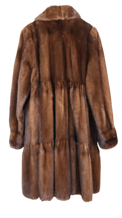 PRE-OWNED DEMI BUFF MINK TIERED SWING 7/8 COAT W/ WING COLLAR & BELL SLEEVE
