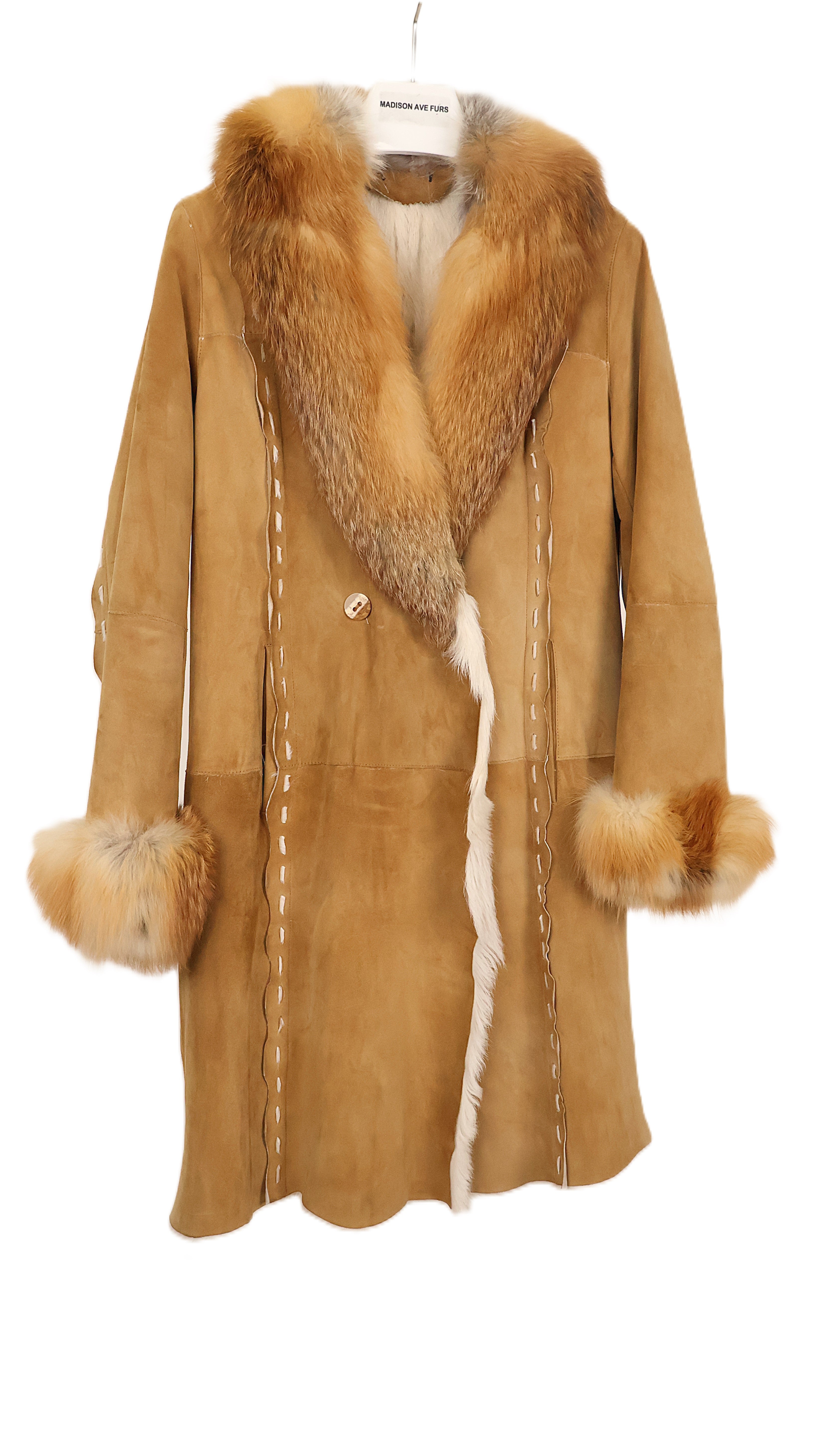 PRE-OWNED CAMEL SHEARLING 7/8 COAT W/ RED FOX SHAWL COLLAR & CUFFS & EXPOSED STITCHING & SCALLOP HEM