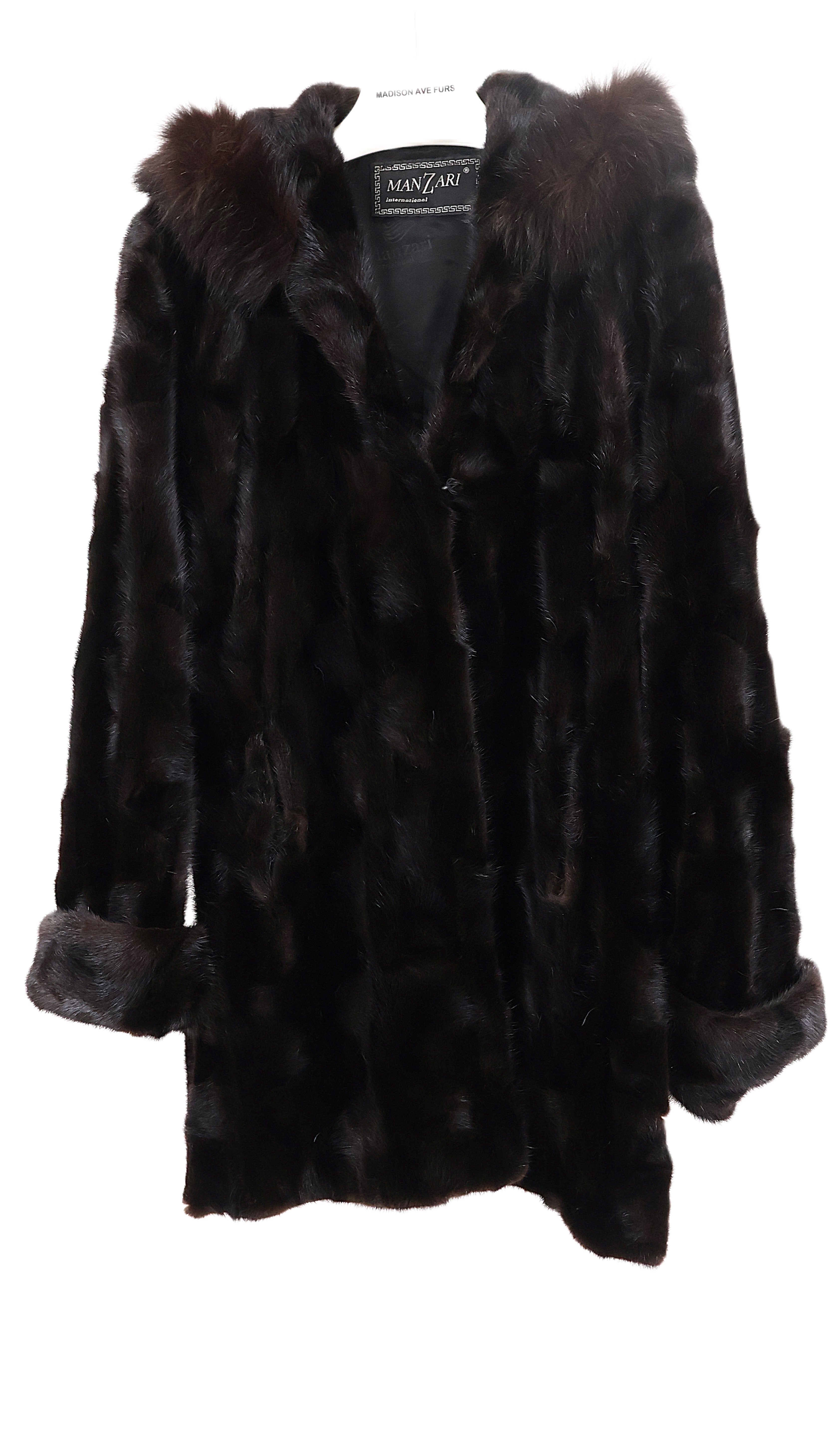 PRE-OWNED RANCH DYED MINK SECTION HOODED STROLLER W/ BROWN DYED FOX TRIMMED HOOD W/ TURN BACK CUFFS & SIDE SLITS