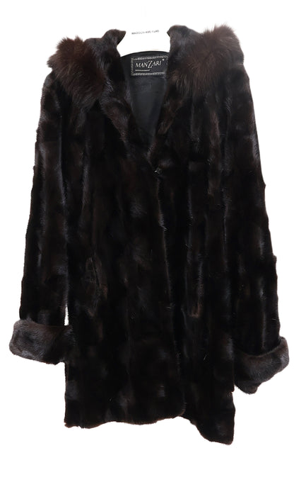 PRE-OWNED RANCH DYED MINK SECTION HOODED STROLLER W/ BROWN DYED FOX TRIMMED HOOD W/ TURN BACK CUFFS & SIDE SLITS