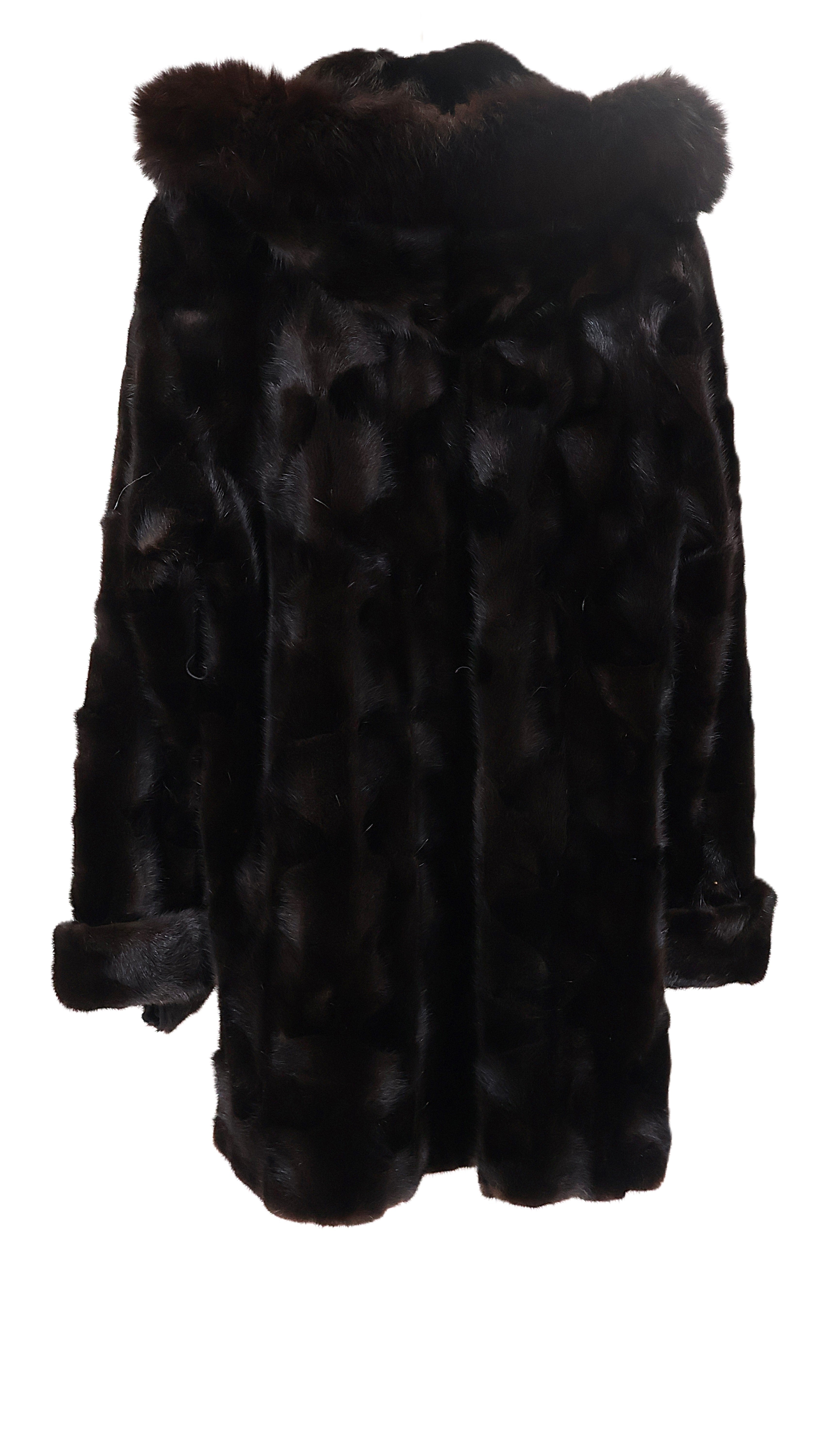 PRE-OWNED RANCH DYED MINK SECTION HOODED STROLLER W/ BROWN DYED FOX TRIMMED HOOD W/ TURN BACK CUFFS & SIDE SLITS