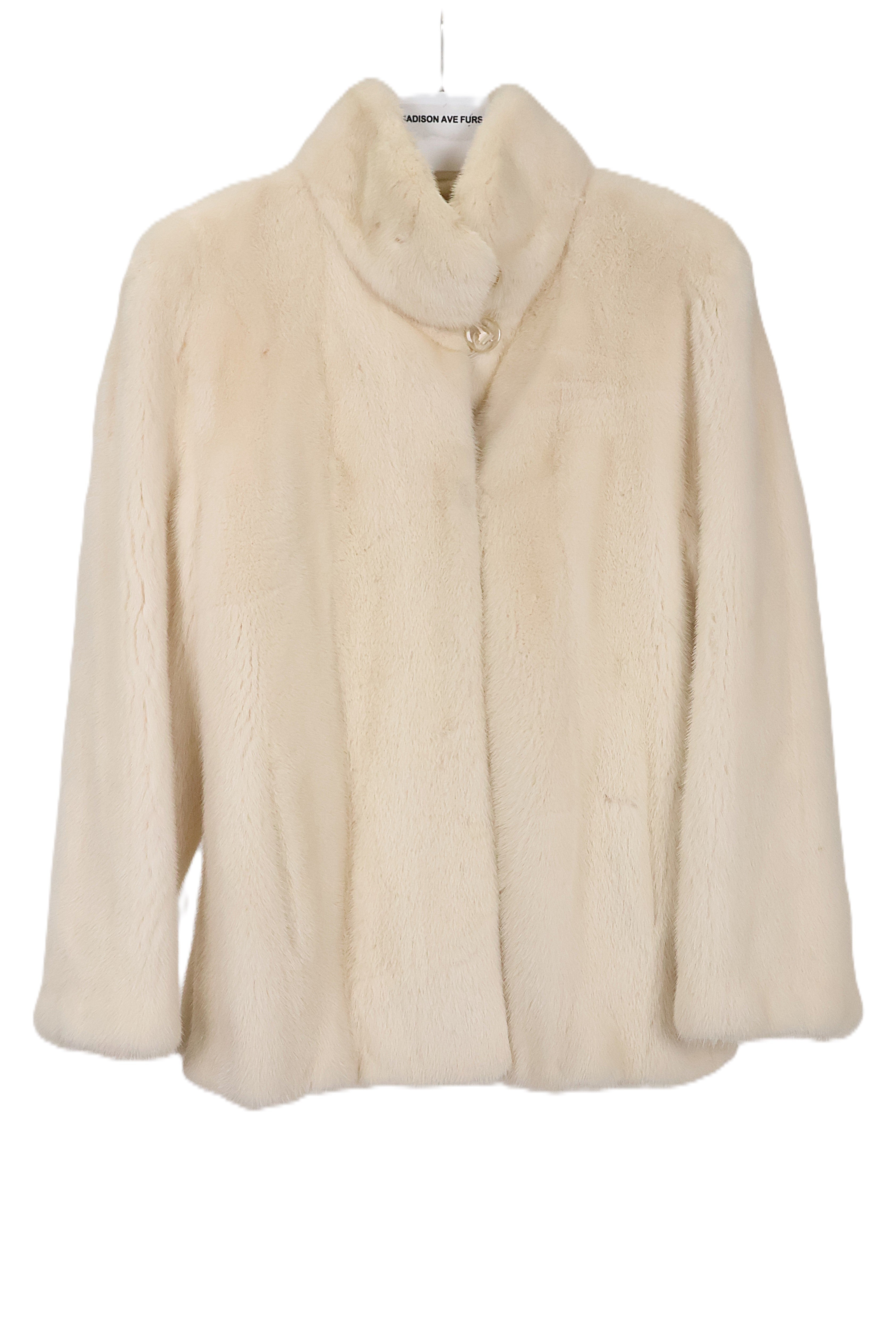 PRE-OWNED NATURAL PEARL MINK JACKET W/ DOUBLE BUTTON WING COLLAR, STRAIGHT SLEEVES & SIDE SLITS