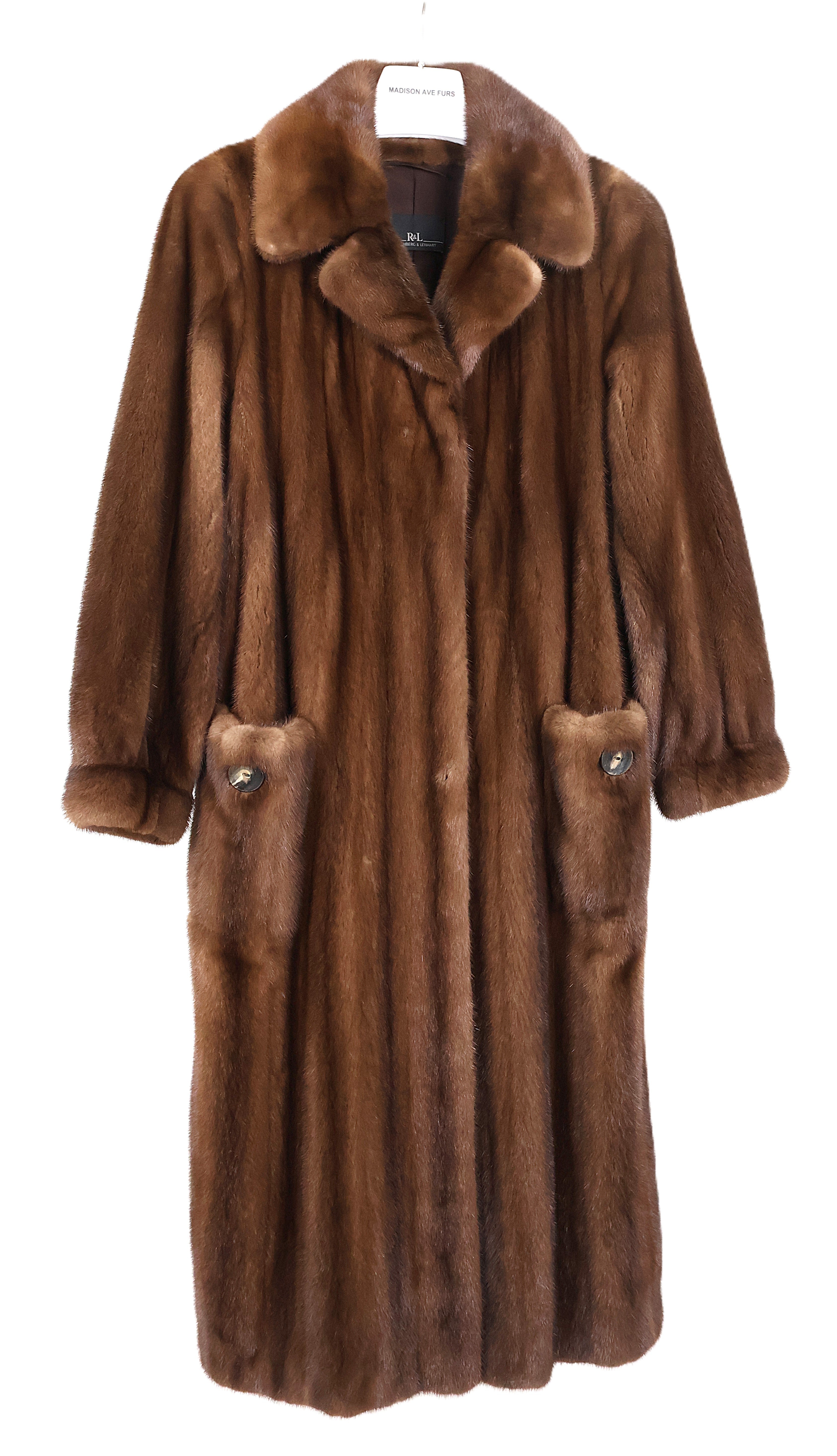 PRE-OWNED NATURAL DEMI BUFF MINK COAT W/ NOTCH COLLAR, BANDED CUFFS & PATCH POCKETS
