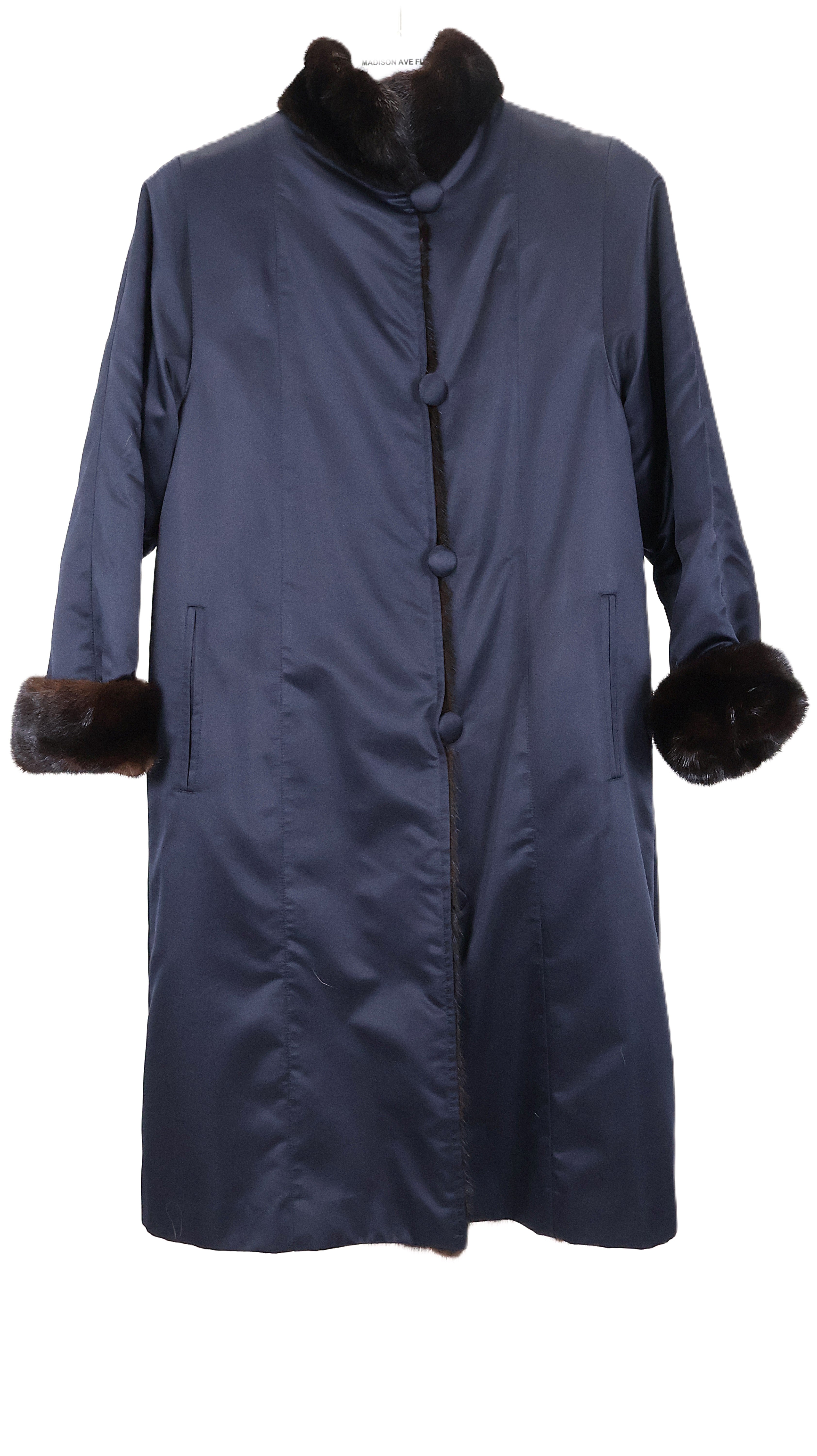 PRE-OWNED NAVY TAFFETA LINED W/ RANCH MINK 7/8 COAT W/ TURN BACK CUFFS & STAND COLLAR