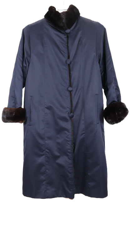 PRE-OWNED NAVY TAFFETA LINED W/ RANCH MINK 7/8 COAT W/ TURN BACK CUFFS & STAND COLLAR