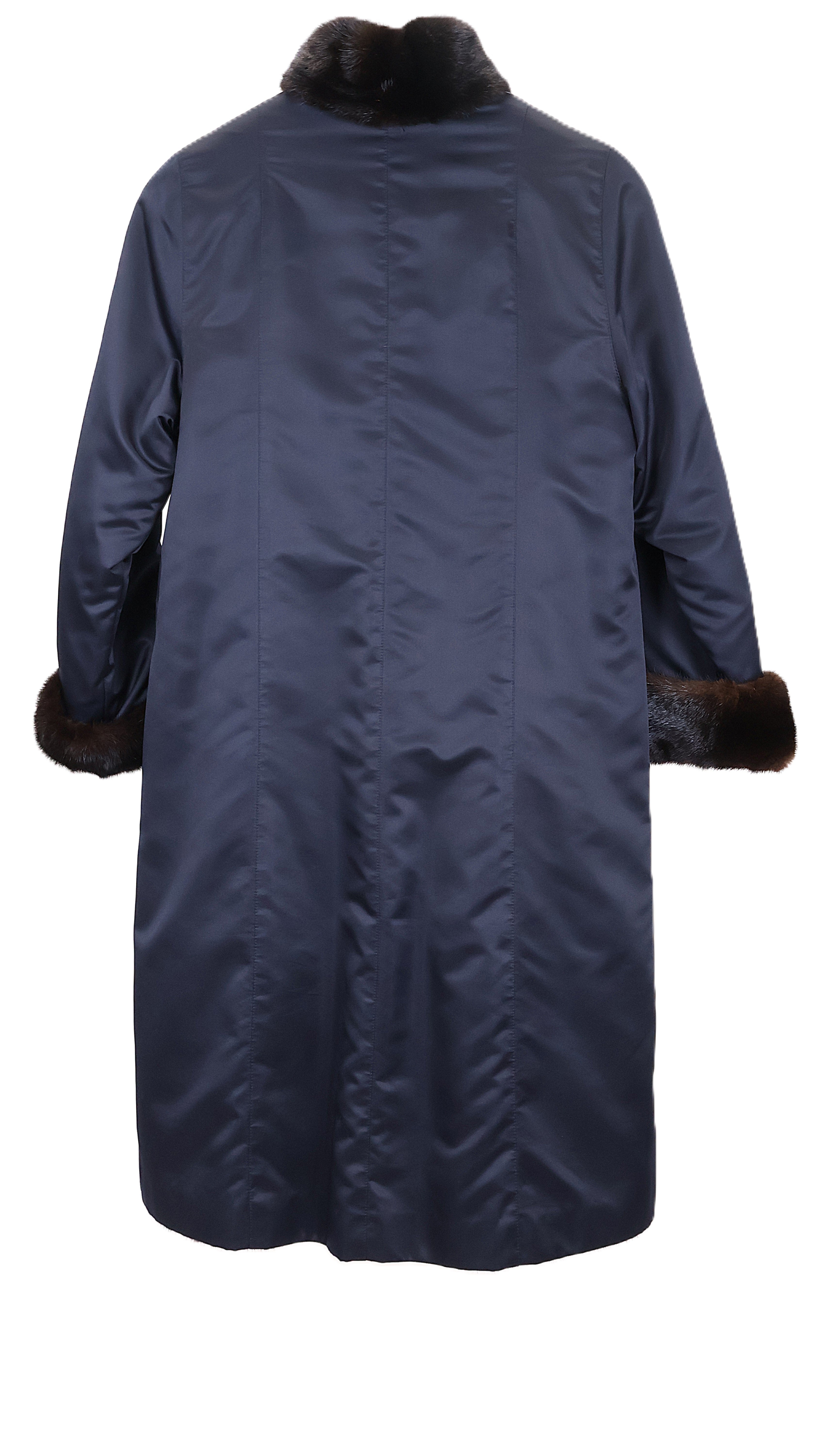 PRE-OWNED NAVY TAFFETA LINED W/ RANCH MINK 7/8 COAT W/ TURN BACK CUFFS & STAND COLLAR