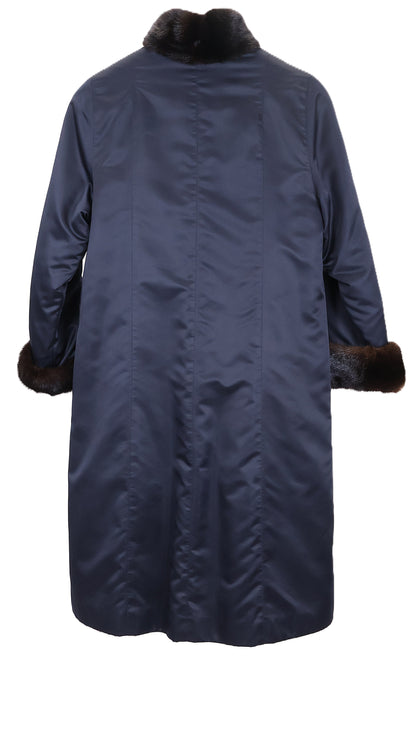 PRE-OWNED NAVY TAFFETA LINED W/ RANCH MINK 7/8 COAT W/ TURN BACK CUFFS & STAND COLLAR
