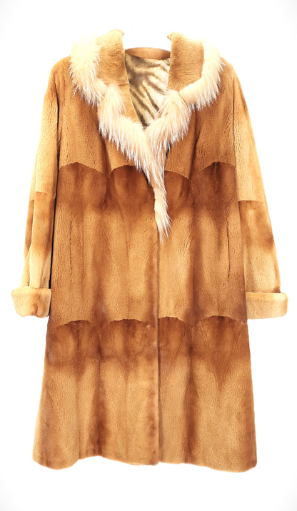 PRE-OWNED GOLD DYED SHEARED MINK TIERED  COAT W/ TURN BACK CUFFS & FOX TRIMMED NOTCH COLLAR