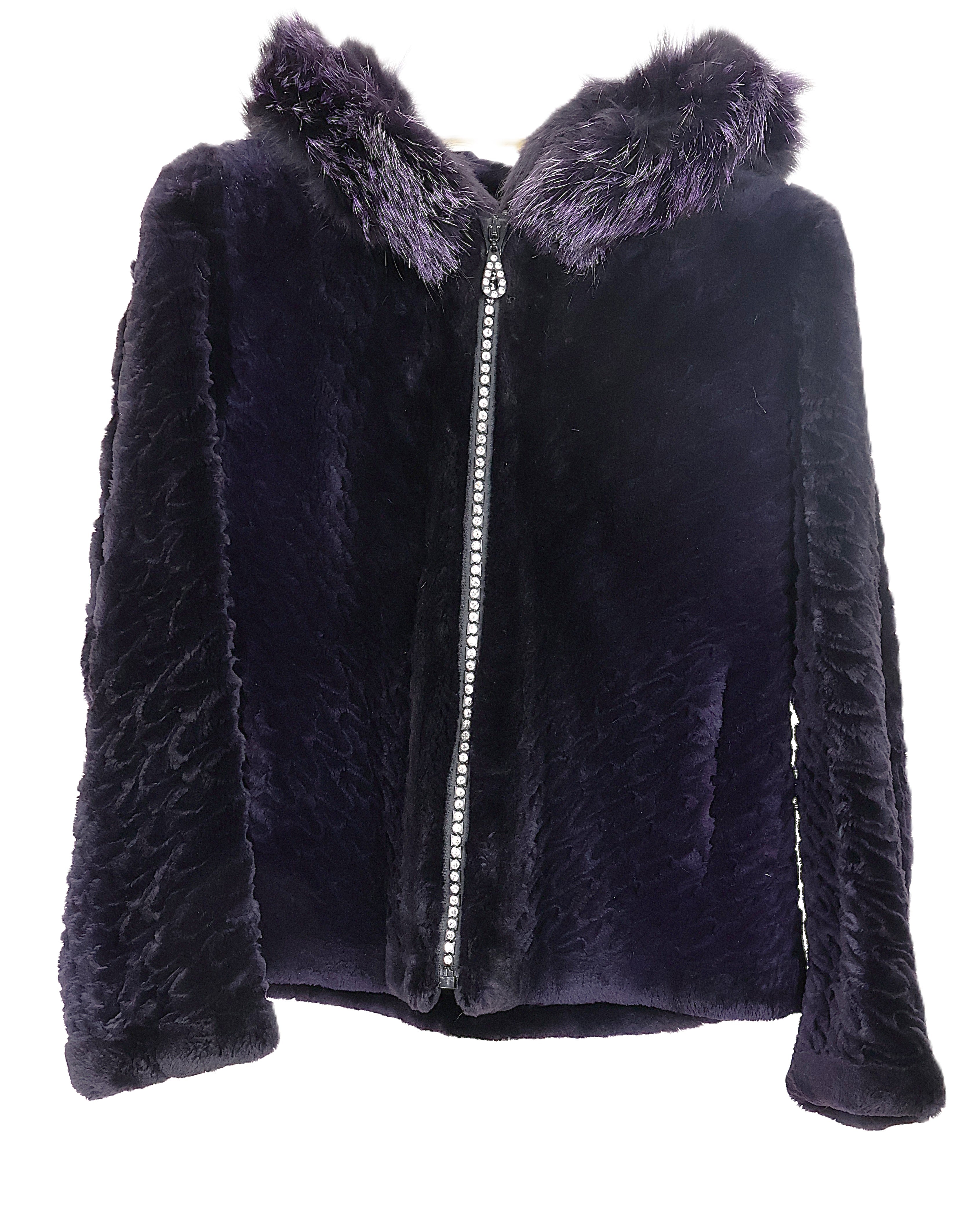 PRE-OWNED PURPLE DYED & LASER GROOVED SHEARED BEAVER HOODED JACKET W/ PURPLE DYED FOX TRIM & RHINESTONE ZIPPER