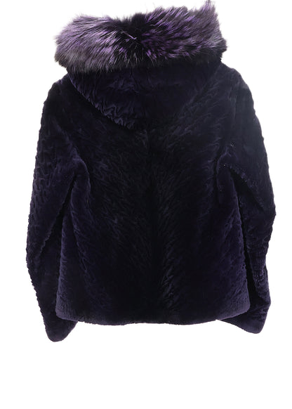 PRE-OWNED PURPLE DYED & LASER GROOVED SHEARED BEAVER HOODED JACKET W/ PURPLE DYED FOX TRIM & RHINESTONE ZIPPER