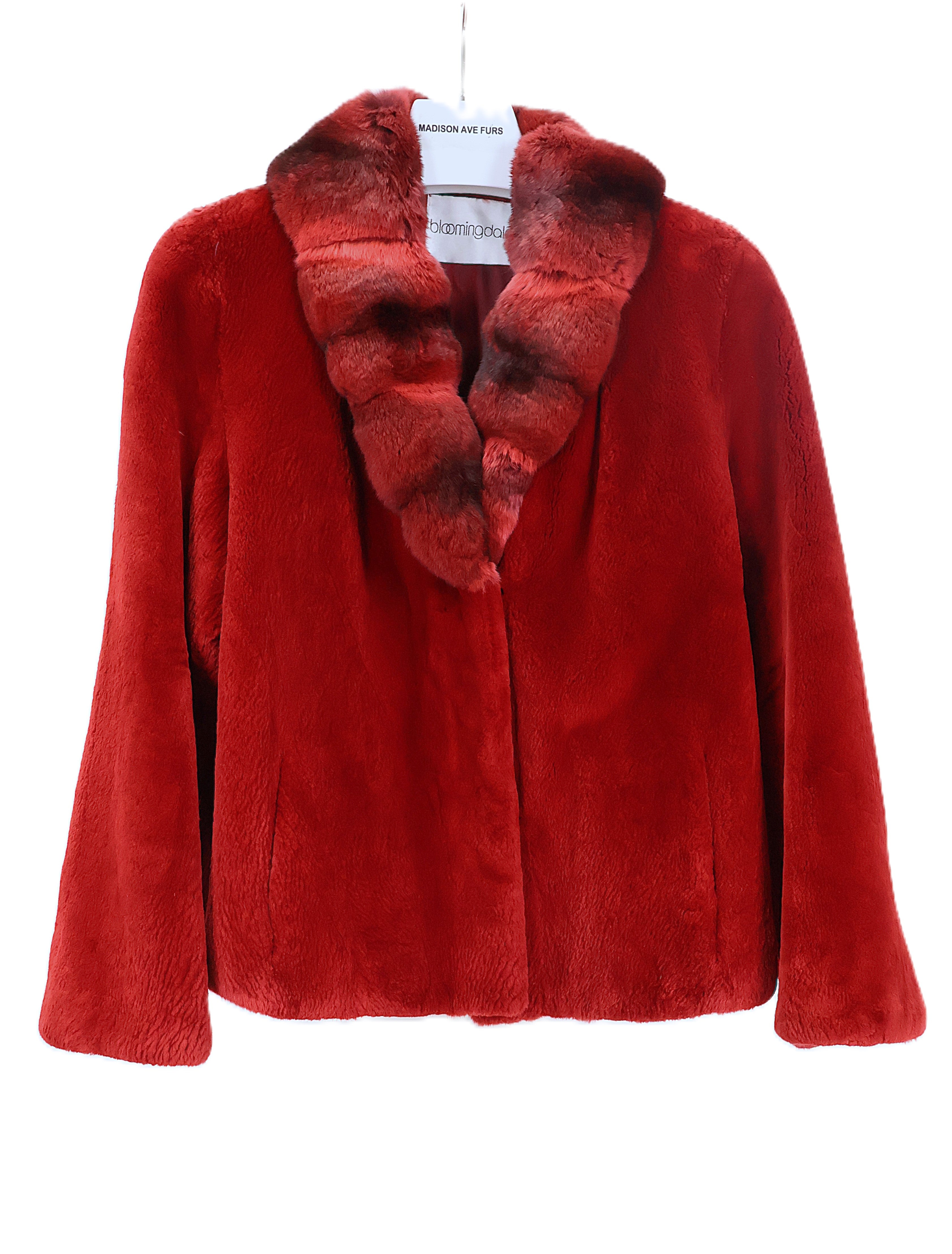 PRE-OWNED RED DYED SHEARED BEAVER JACKET W/ RED SYED CROSS CUT CHINCHILLA SHAWL COLLAR & STRAIGHT SLEEVES