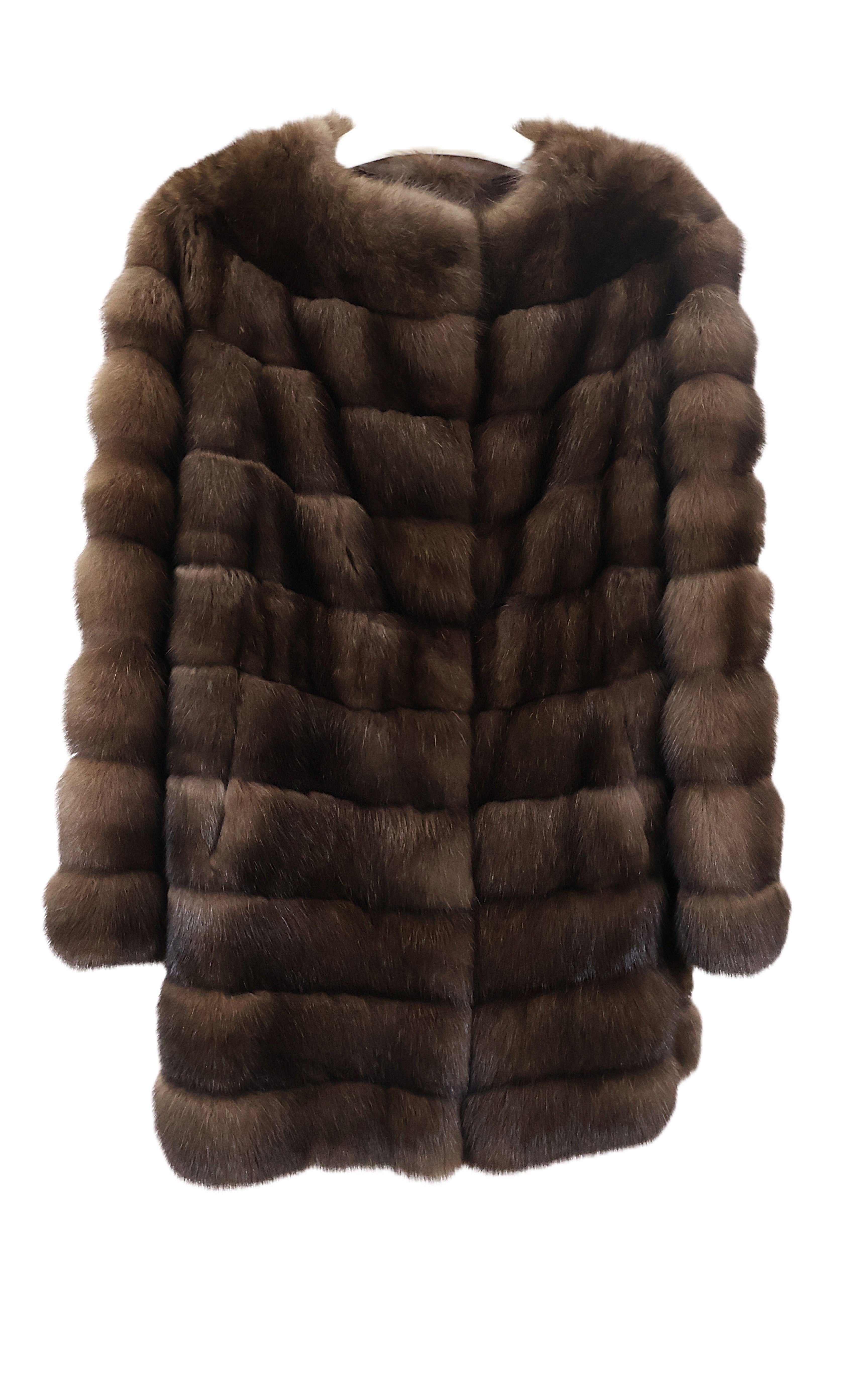 NEW NATURAL BARGUZIN SABLE COLLARLESS HORIZONTAL 3/4 JACKET W/ STRAIGHT SLEEVES & DRAWSTRING AT WAIST