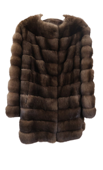 NEW NATURAL BARGUZIN SABLE COLLARLESS HORIZONTAL 3/4 JACKET W/ STRAIGHT SLEEVES & DRAWSTRING AT WAIST