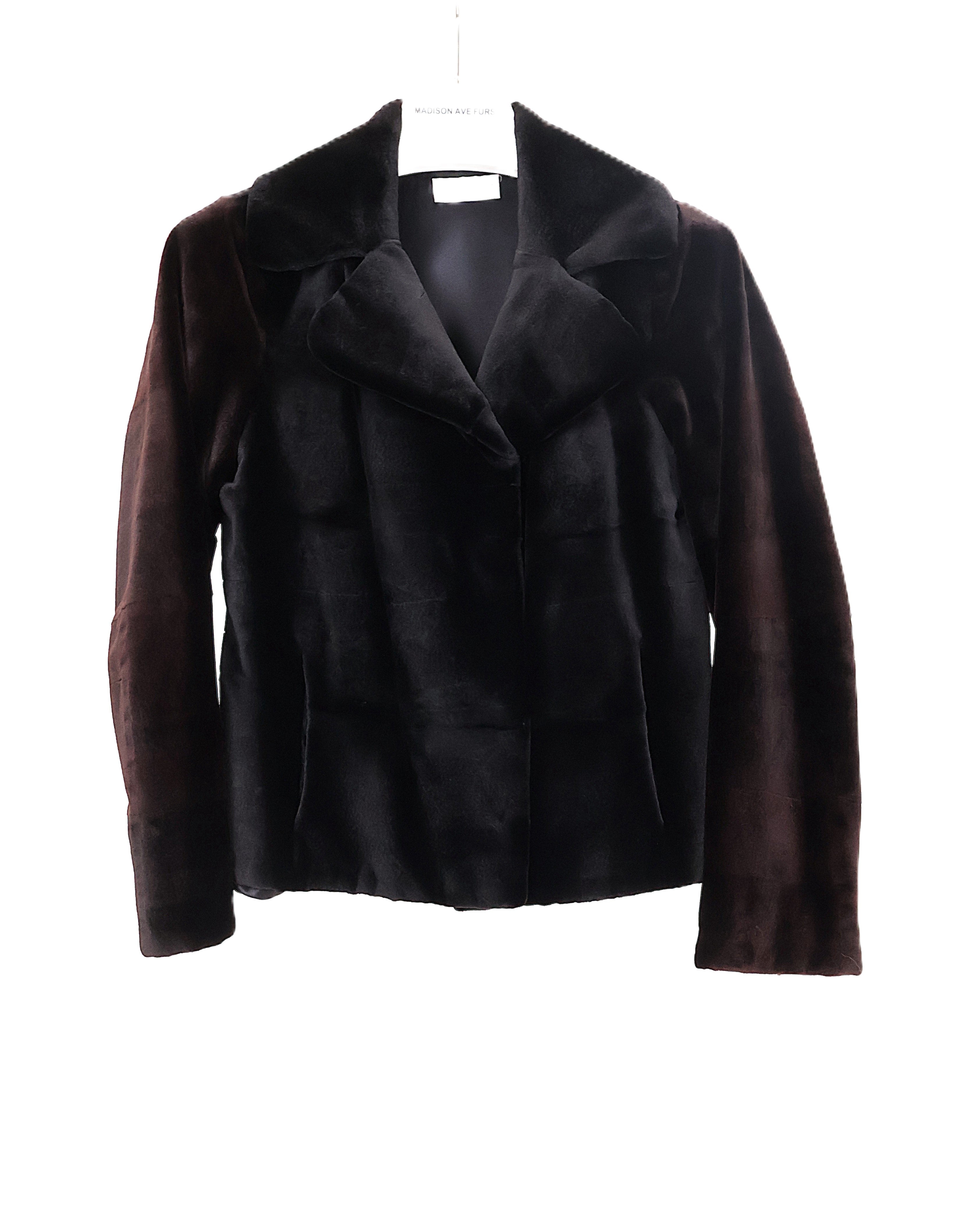 PRE-OWNED MICHAEL KORS BLACK & MATARA DYED SHEARED MINK JACKET W/ NOTCH COLLAR & STRAIGHT SLEEVE