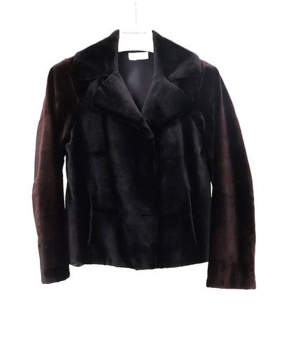 PRE-OWNED MICHAEL KORS BLACK & MATARA DYED SHEARED MINK JACKET W/ NOTCH COLLAR & STRAIGHT SLEEVE