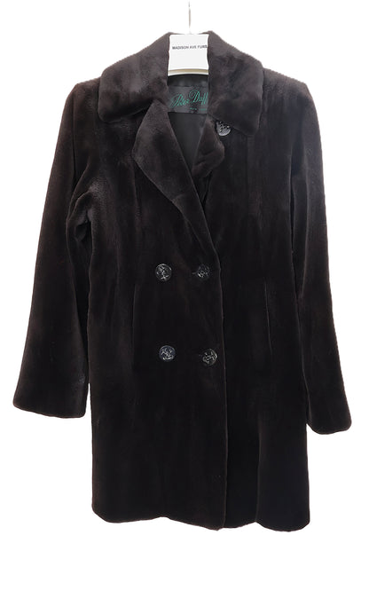 PRE-OWNED DARK BROWN DYED SHEARED MINK DOUBLE BREASTED 3/4 JACKET W/ NOTCH COLLAR & STRAIGHT SLEEVES