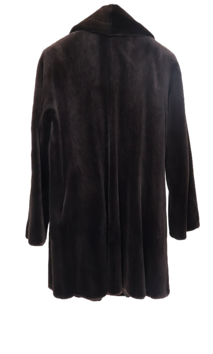 PRE-OWNED DARK BROWN DYED SHEARED MINK DOUBLE BREASTED 3/4 JACKET W/ NOTCH COLLAR & STRAIGHT SLEEVES
