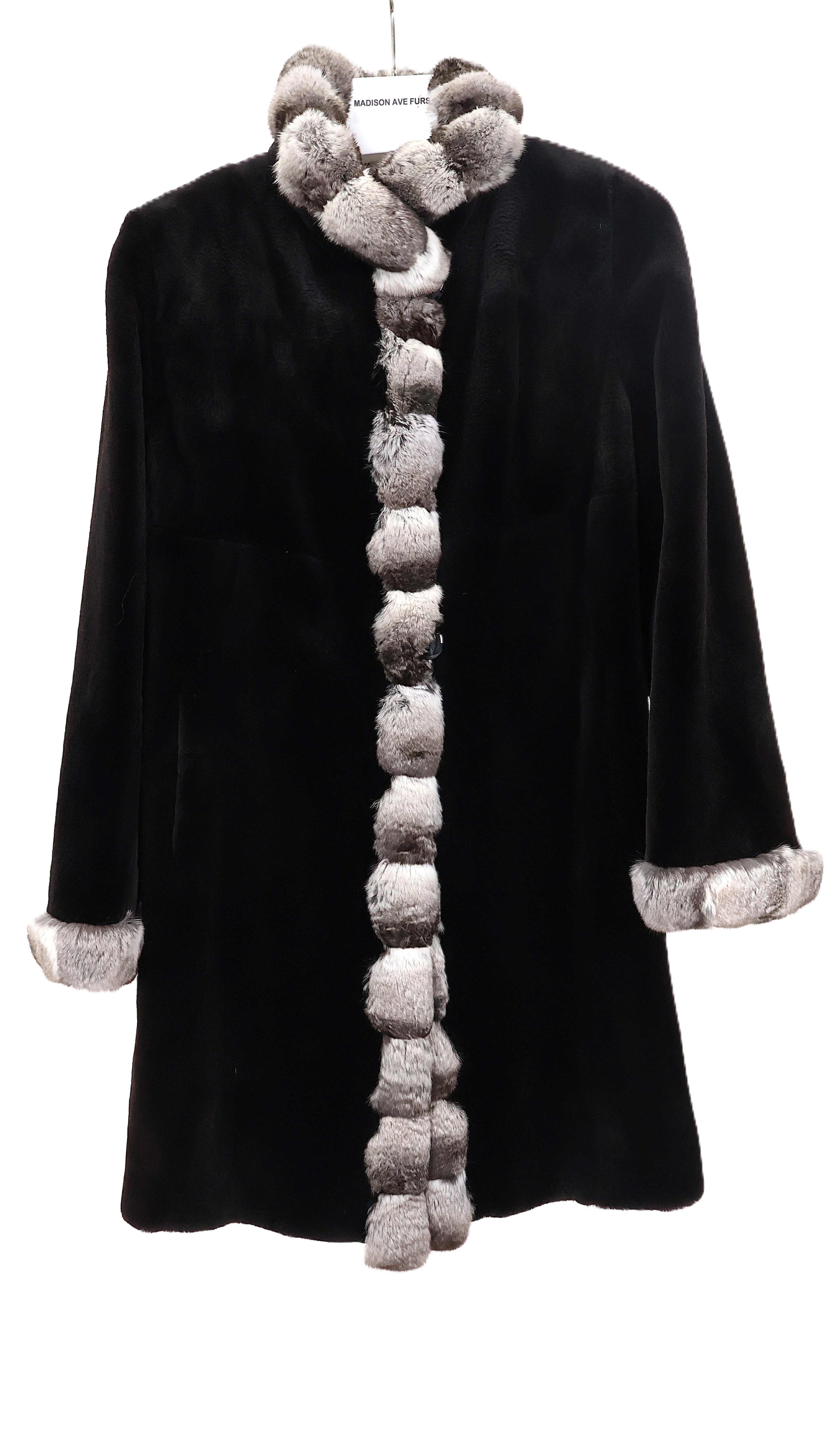 PRE-OWNED BLACK SHEARED MINK STROLLER W/ NATURAL CROSS CUT CHINCHILLA TUXEDO FRONTS & CUFFS REVERSIBLE TO BLACK TAFFETA