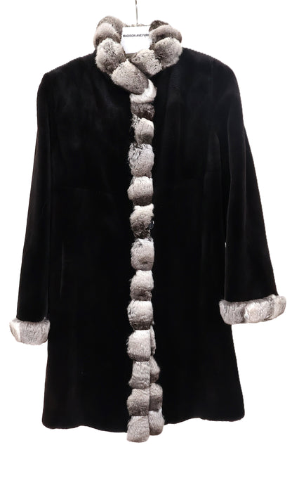 PRE-OWNED BLACK SHEARED MINK STROLLER W/ NATURAL CROSS CUT CHINCHILLA TUXEDO FRONTS & CUFFS REVERSIBLE TO BLACK TAFFETA