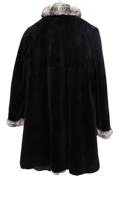 PRE-OWNED BLACK SHEARED MINK STROLLER W/ NATURAL CROSS CUT CHINCHILLA TUXEDO FRONTS & CUFFS REVERSIBLE TO BLACK TAFFETA