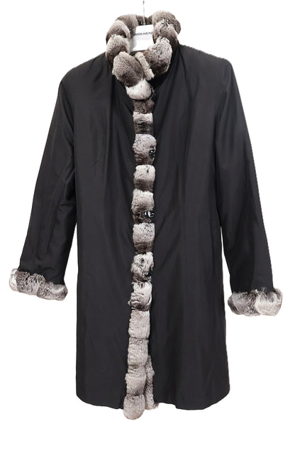 PRE-OWNED BLACK SHEARED MINK STROLLER W/ NATURAL CROSS CUT CHINCHILLA TUXEDO FRONTS & CUFFS REVERSIBLE TO BLACK TAFFETA