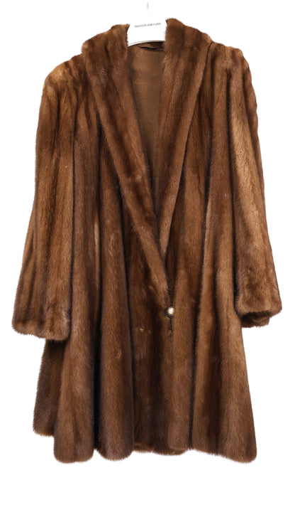 PRE-OWNED DEMI BUFF MINK 7/8 SWING COAT W/ SHAWL COLLAR & BELL SLEEVES