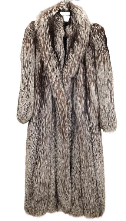 PRE-OWNED NATURAL SILVER FOX COAT W/ SHAWL COLLAR & STRAIGHT SLEEVES