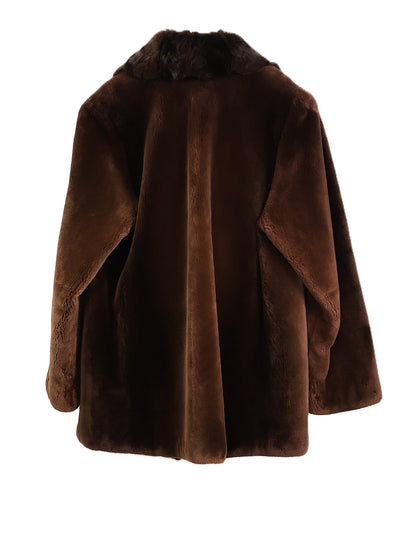 PRE-OWNED MUSI BROWN DYED SHEARED BEAVER JACKET W/ BROWN DYED CHINCHILLA SHAWL COLLAR & STRAIGHT SLEEVES