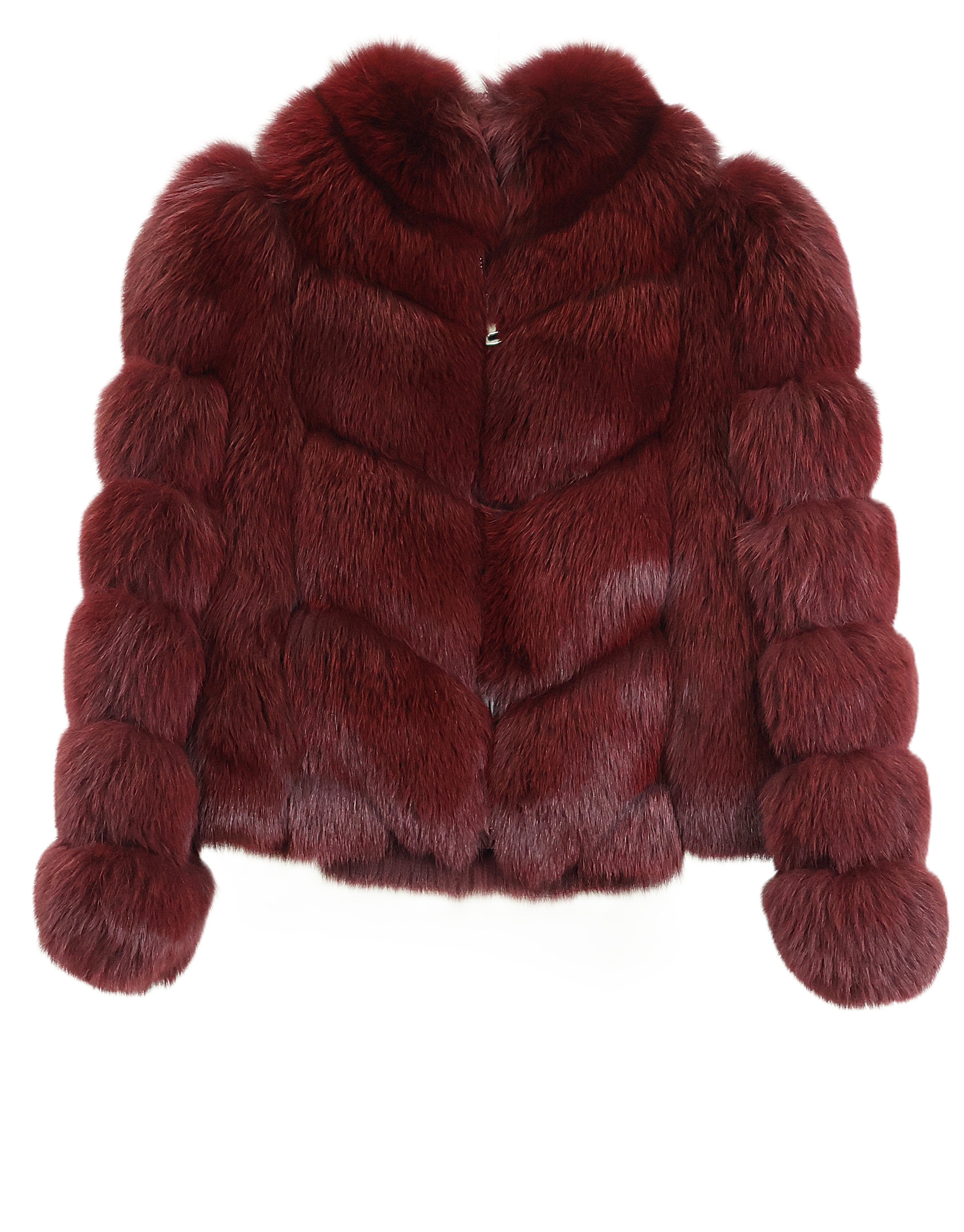 NEW BURGANDY DYED CHEVRON FOX ZIPPERED JACKET W/ STAND COLLAR & HORIZONTAL STRAIGHT SLEEVES