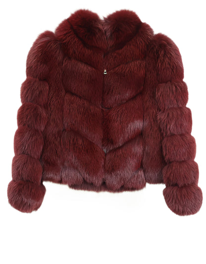 NEW BURGANDY DYED CHEVRON FOX ZIPPERED JACKET W/ STAND COLLAR & HORIZONTAL STRAIGHT SLEEVES