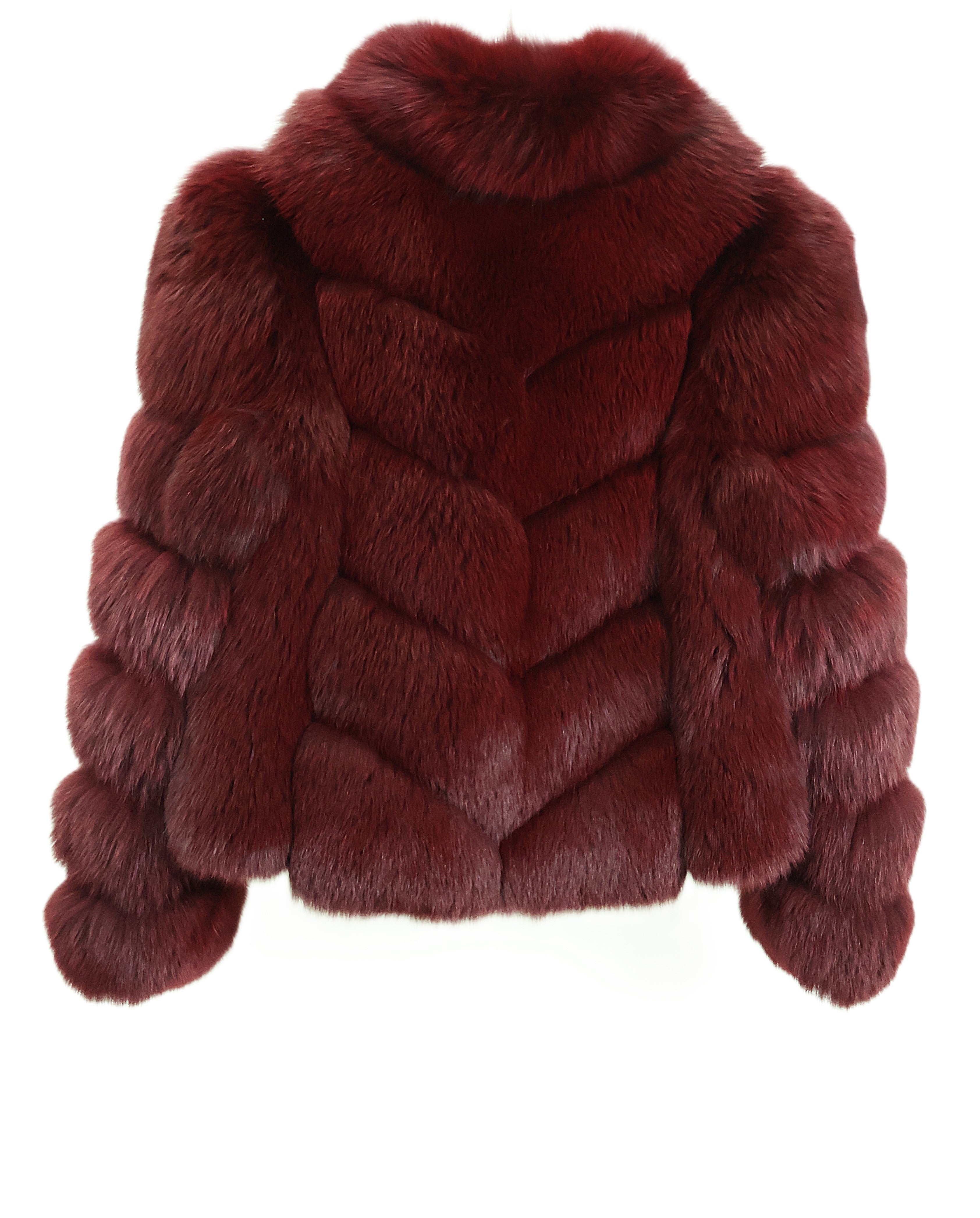 NEW BURGANDY DYED CHEVRON FOX ZIPPERED JACKET W/ STAND COLLAR & HORIZONTAL STRAIGHT SLEEVES