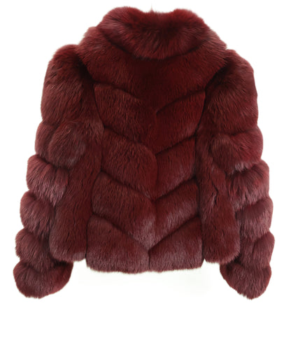 NEW BURGANDY DYED CHEVRON FOX ZIPPERED JACKET W/ STAND COLLAR & HORIZONTAL STRAIGHT SLEEVES