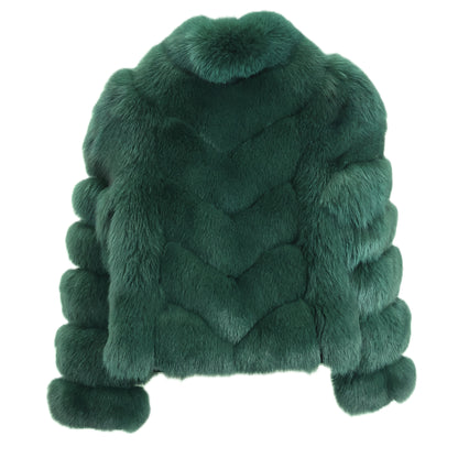 NEW GREEN DYED CHEVRON FOX ZIPPER JACKET W/ STAND COLLAR & HORIZONTAL STRAIGHT SLEEVES