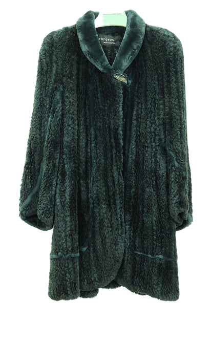 PRE-OWNED GREEN DYED KNITTED SHEARED BEAVER SWING STROLLER W/ WING COLLAR & BELL SLEEVES