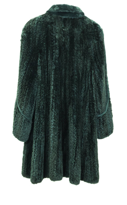 PRE-OWNED GREEN DYED KNITTED SHEARED BEAVER SWING STROLLER W/ WING COLLAR & BELL SLEEVES