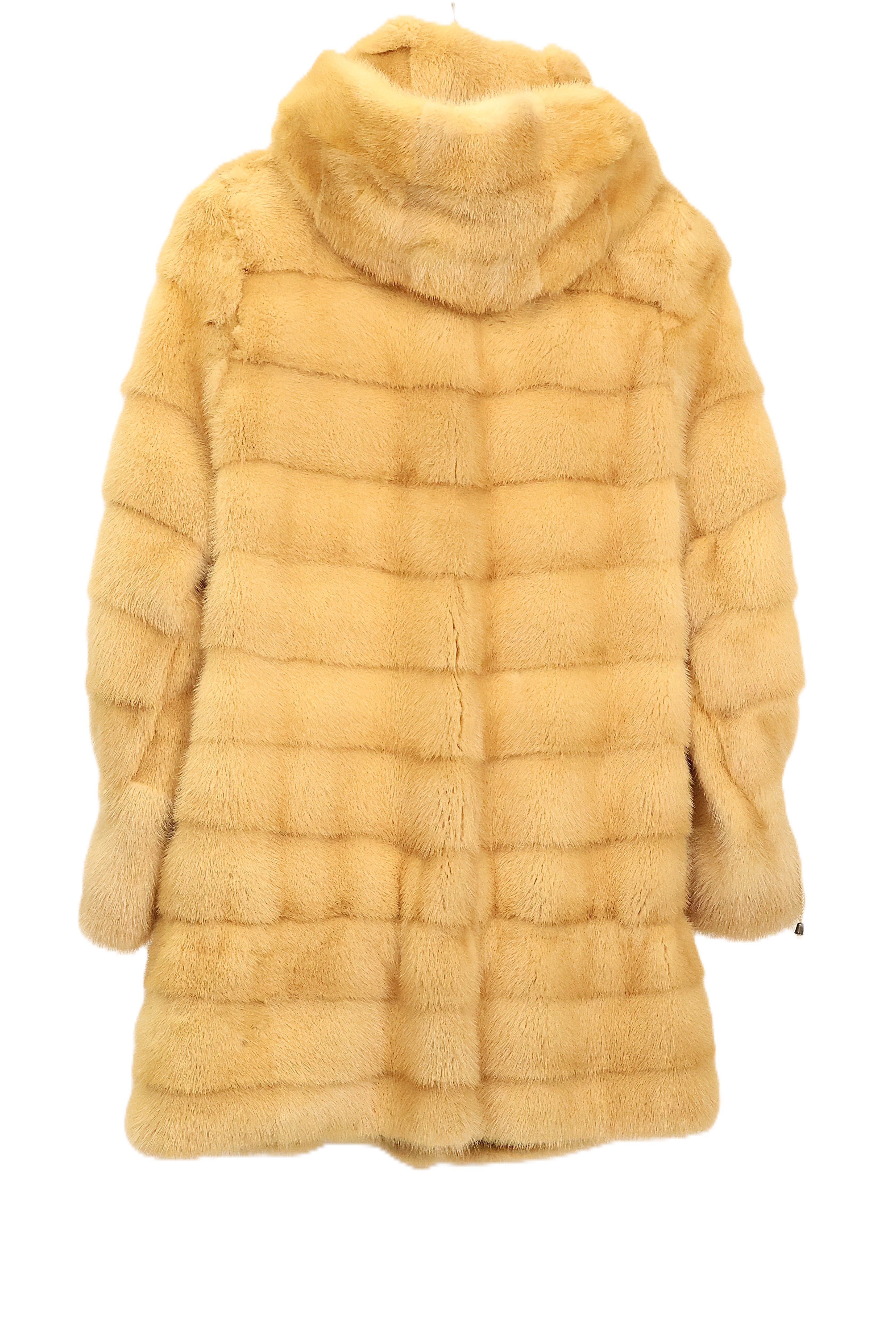 PRE-OWNED MARIGOLD DYED HORIZONTAL MINK 3/4 JACKET W/ WING COLLAR, SIDE SLITS & DRAWSTRING AT SLEEVES & WAIST