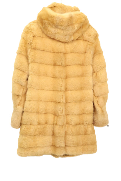 PRE-OWNED MARIGOLD DYED HORIZONTAL MINK 3/4 JACKET W/ WING COLLAR, SIDE SLITS & DRAWSTRING AT SLEEVES & WAIST