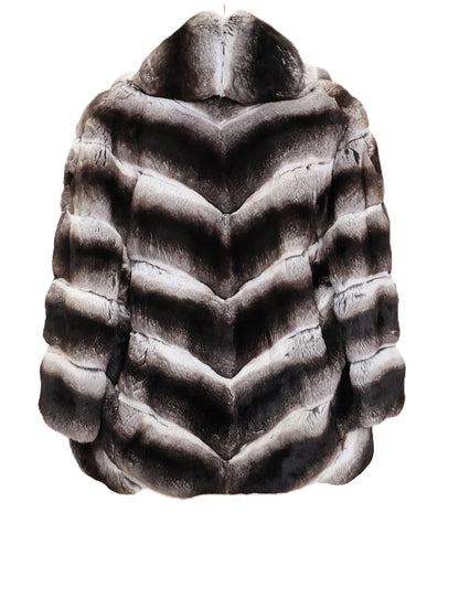 PRE-OWNED GIULLIANA TESO NATURAL BLACK VELVET CHINCHILLA JACKET W/ NOTCH COLLAR CHEVRON BODY & HORIZONTAL SLEEVES
