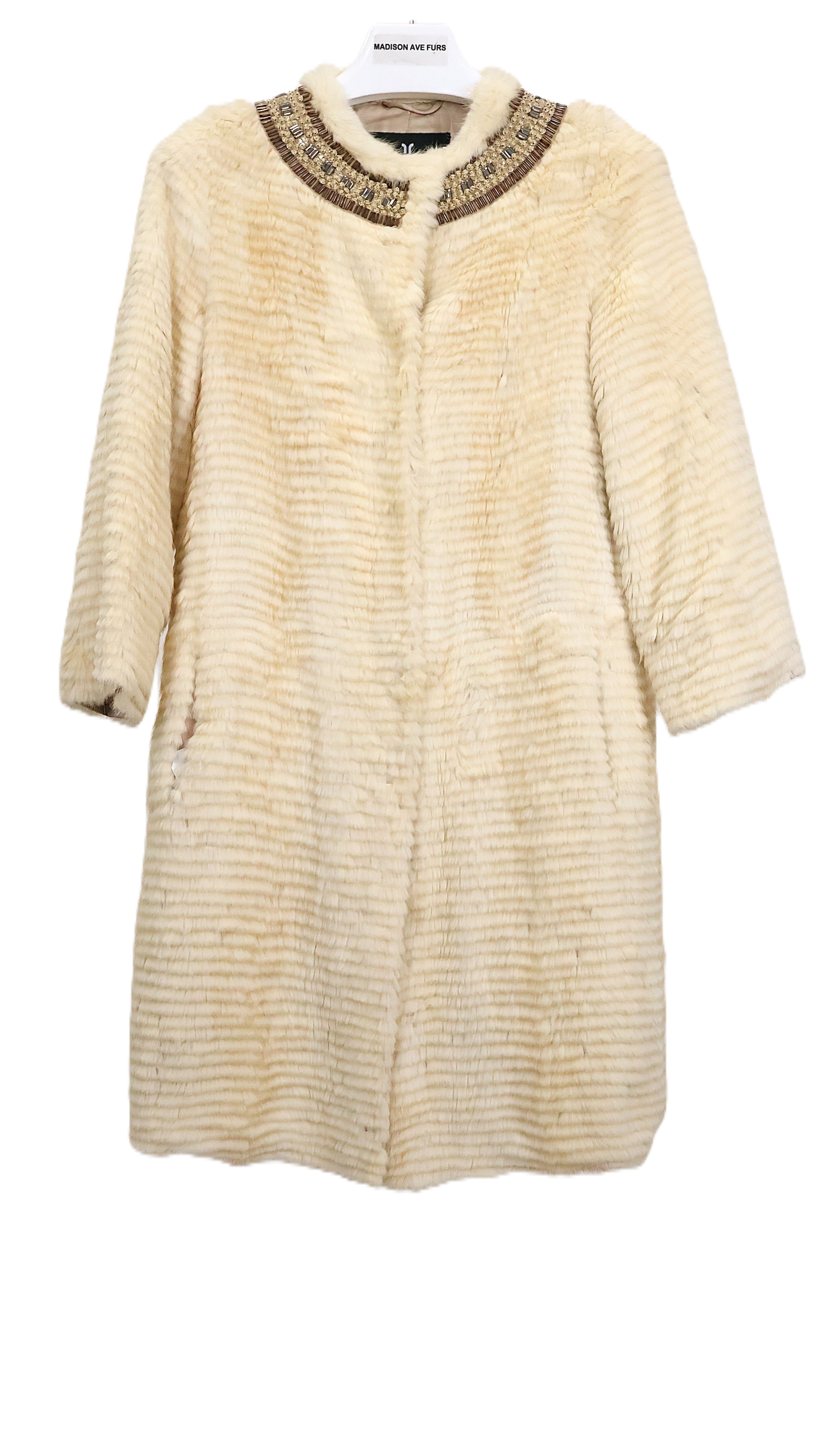 PRE-OWNED BYTESO IVORY DYED FEATHERED MINK 7/8 COLLARLESS COAT W/ JEWELED/BEADED NECKLINE & STRAIGHT SLEEVES