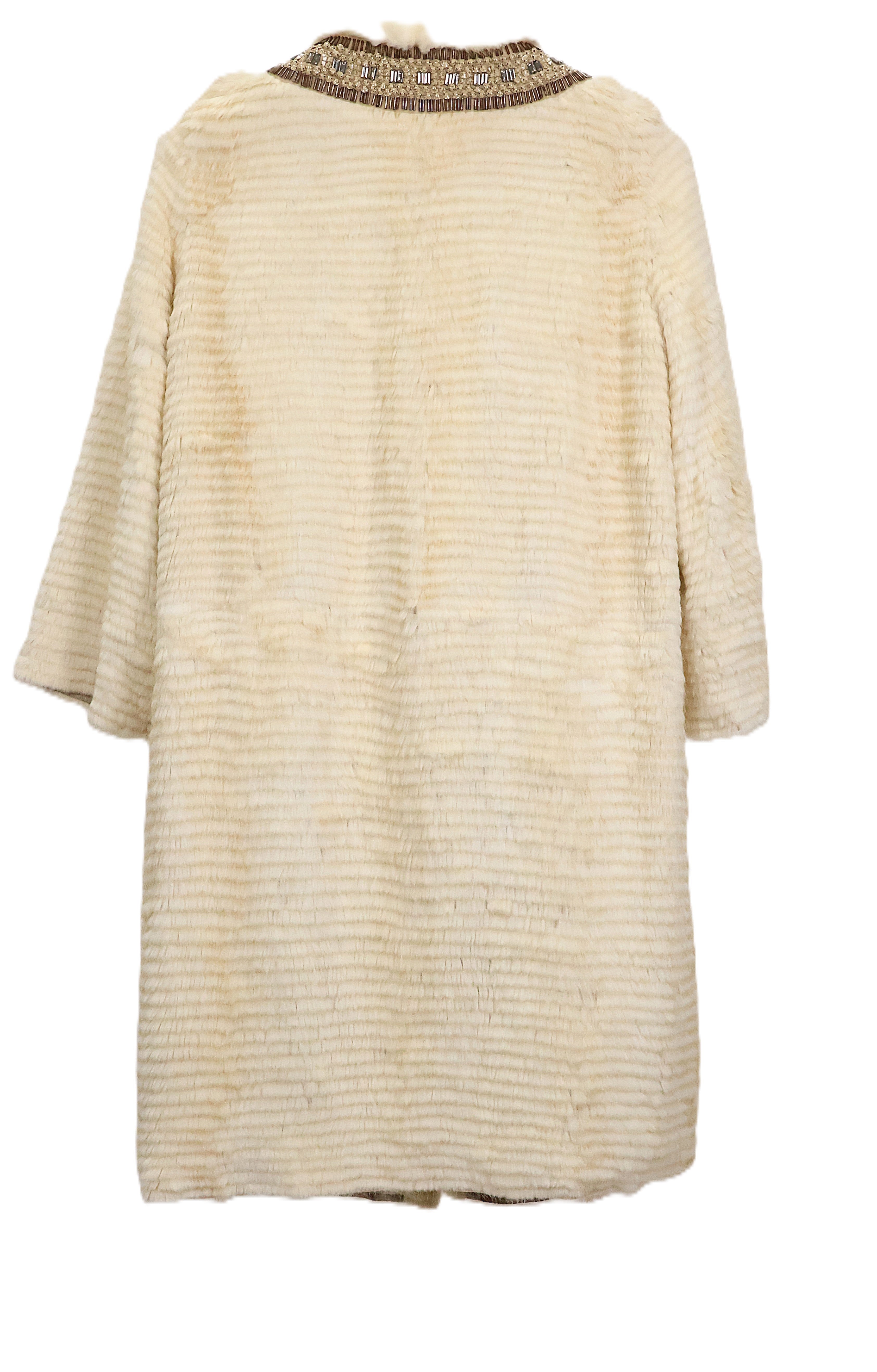 PRE-OWNED BYTESO IVORY DYED FEATHERED MINK 7/8 COLLARLESS COAT W/ JEWELED/BEADED NECKLINE & STRAIGHT SLEEVES