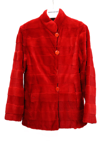 PRE-OWNED DYED RED HORIZONTAL SHEARED MINK JACKET REVERSIBLE TO TAFFETA W/ STAND COLLAR,STRAIGHT SLEEVES & LASER ETCHING