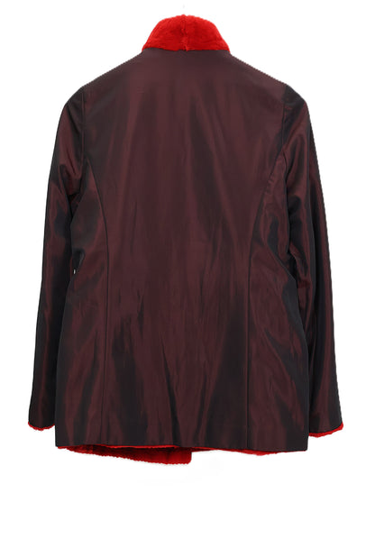 PRE-OWNED DYED RED HORIZONTAL SHEARED MINK JACKET REVERSIBLE TO TAFFETA W/ STAND COLLAR,STRAIGHT SLEEVES & LASER ETCHING