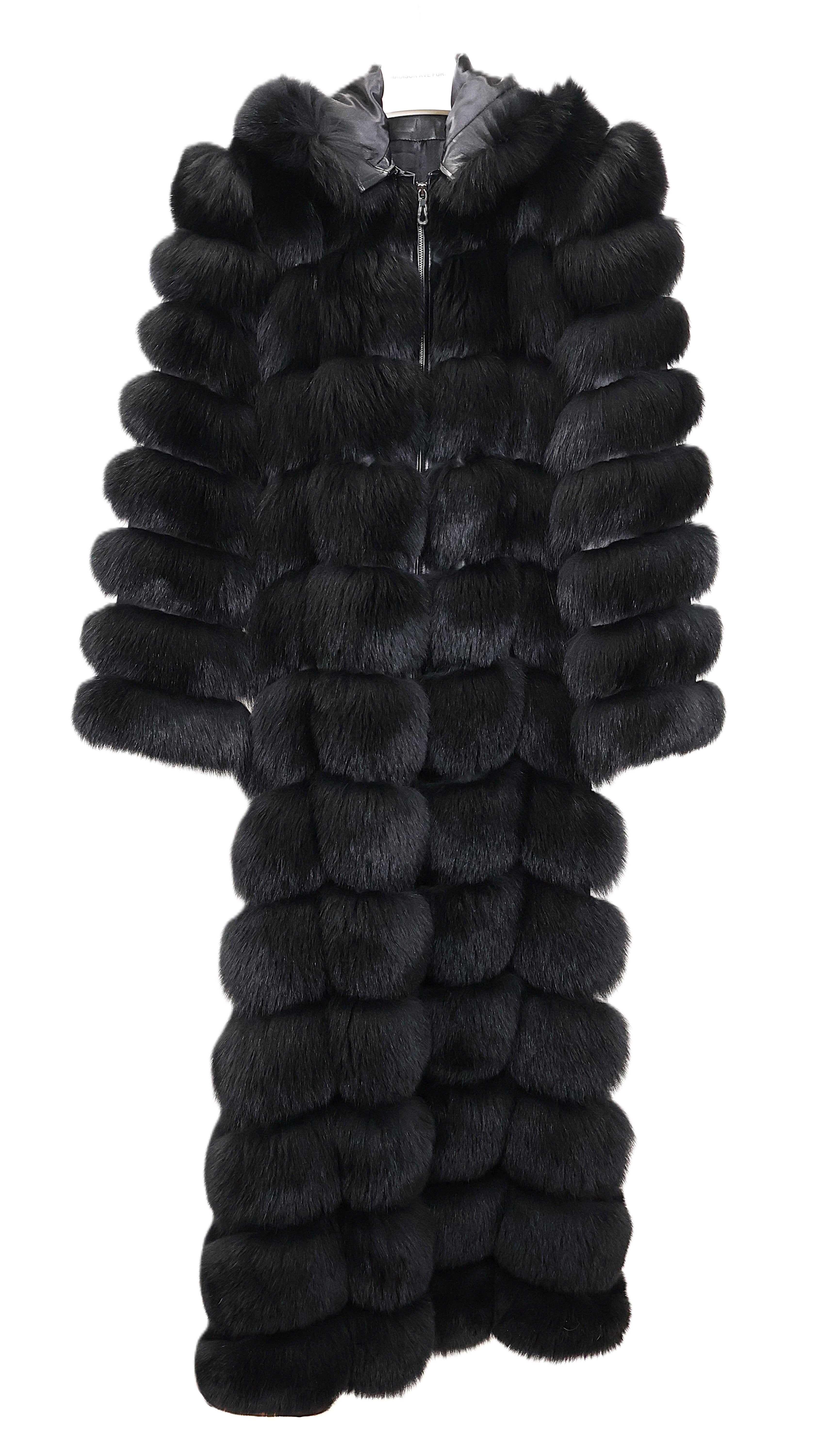 NEW BLACK DYED HORIZONTAL FOX COAT W/ LEATHER INSERTS, DETACHABLE HOOD & 2-WAY ZIPPER CLOSURE