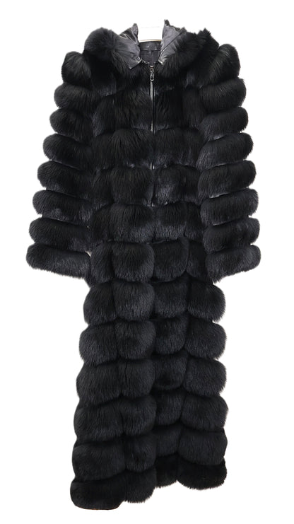 NEW BLACK DYED HORIZONTAL FOX COAT W/ LEATHER INSERTS, DETACHABLE HOOD & 2-WAY ZIPPER CLOSURE