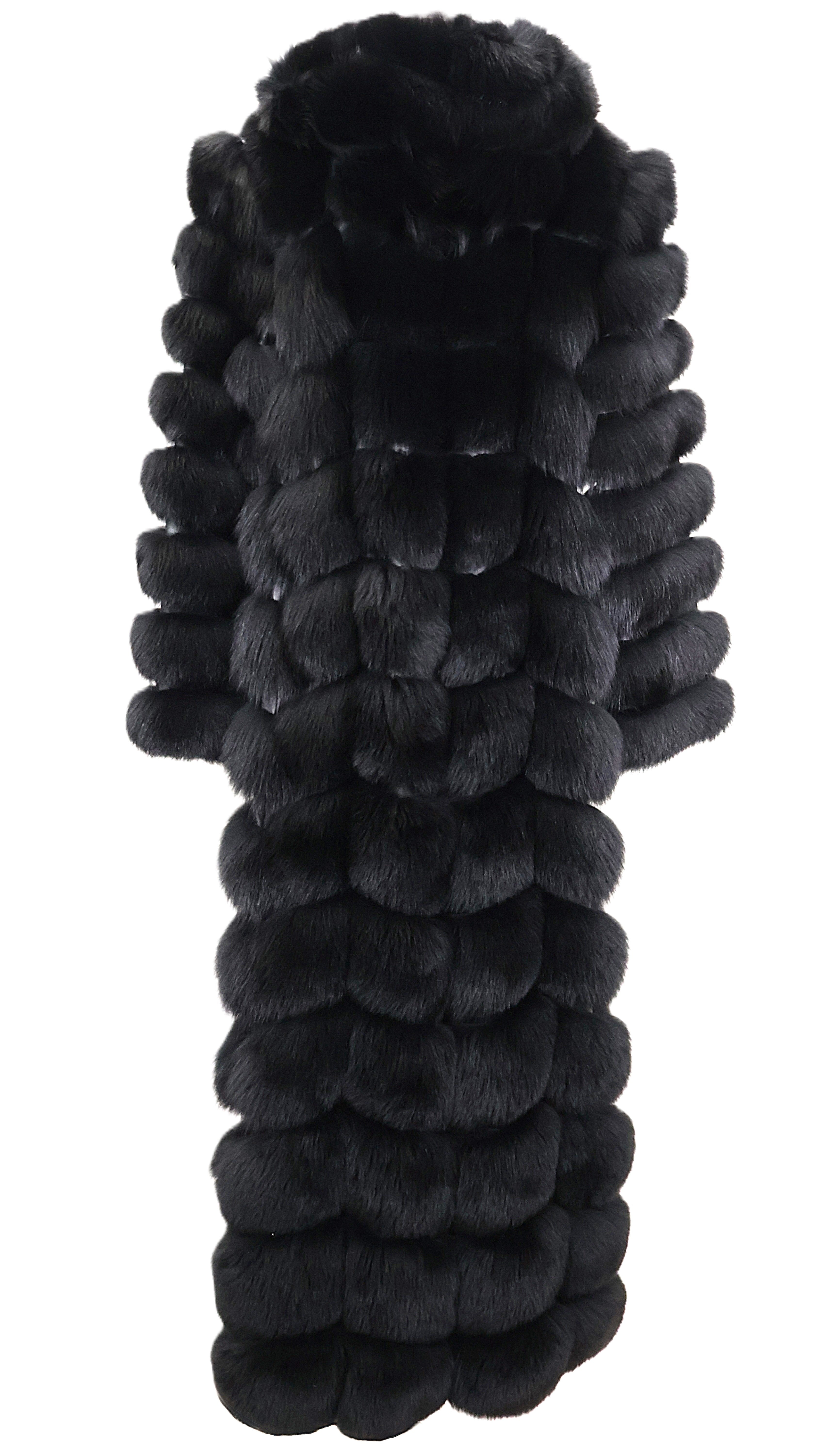 NEW BLACK DYED HORIZONTAL FOX COAT W/ LEATHER INSERTS, DETACHABLE HOOD & 2-WAY ZIPPER CLOSURE